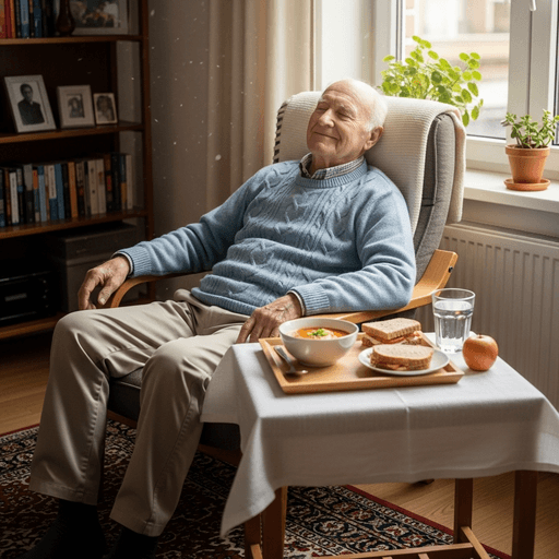 An elderly man relaxing in a clean home with a prepared lunch beside him.
