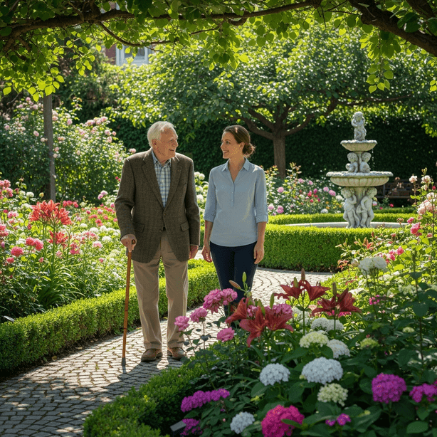 An elderly man and his companion enjoying a walk and conversation in a garden.