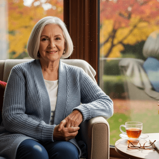 A senior woman sitting peacefully, looking out a window with a contented smile.