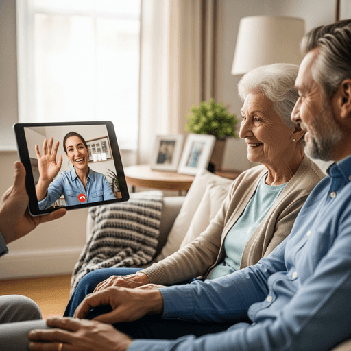 A family member on a video call, happily waving to their elderly parent and their companion.