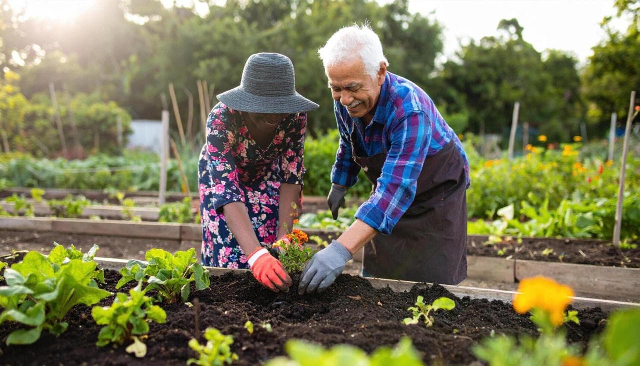 Elderly woman happily tending to her plants on a sunny patio, with her carer nearby.