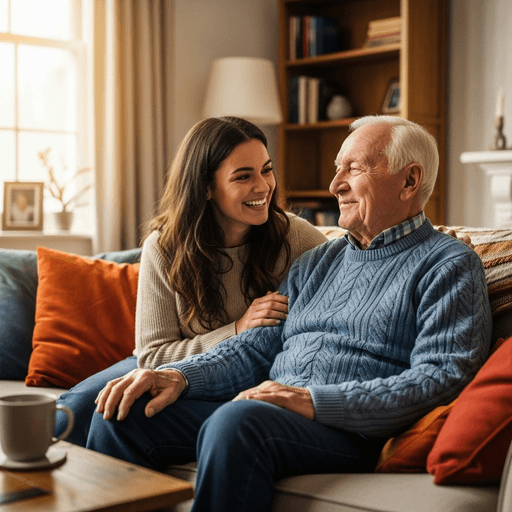 A daughter sharing a laugh with her elderly father on a sofa, enjoying quality time.