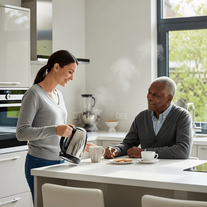 Compassionate carer preparing tea in a modern kitchen for an elderly man