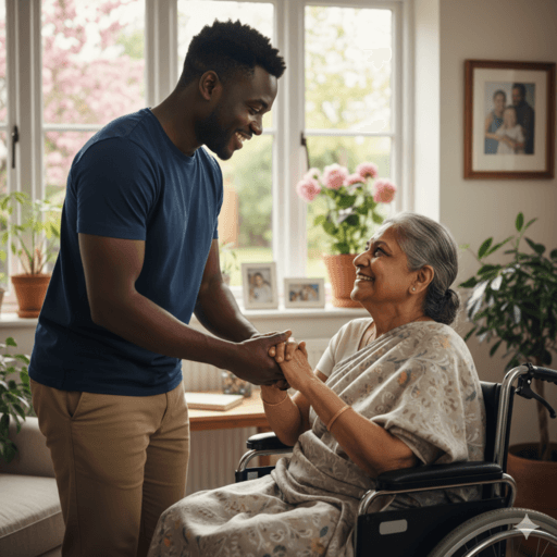 Close-up of a carer's hand gently holding the hand of an older client, showing trust and empathy.