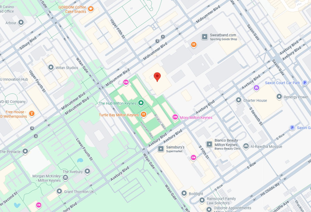 A stylized map showing the company’s location in Central Milton Keynes.