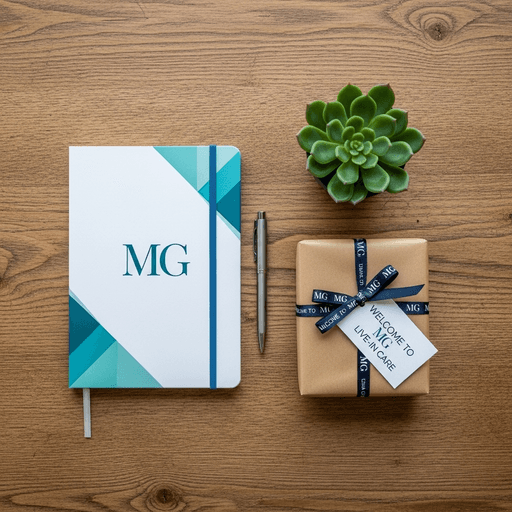 A beautifully arranged welcome package for a new carer, including a branded notebook, a pen, and a small potted plant on a wooden table.