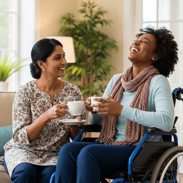 A carer and an elderly client sharing a laugh over a cup of tea.